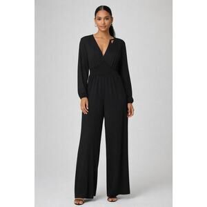 NWT Anthropologie Hutch XL Black Smocked Waist V-Neck Wide Leg Pantsuit